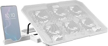 Mars Gaming MNBC23, Base Refrigeradora y Stand 16”, 6 x Ventiladores Controlables con LED Azul, Stand 6 Posiciones, Soporte Smartphone, 2 USB 2.0, Blanco